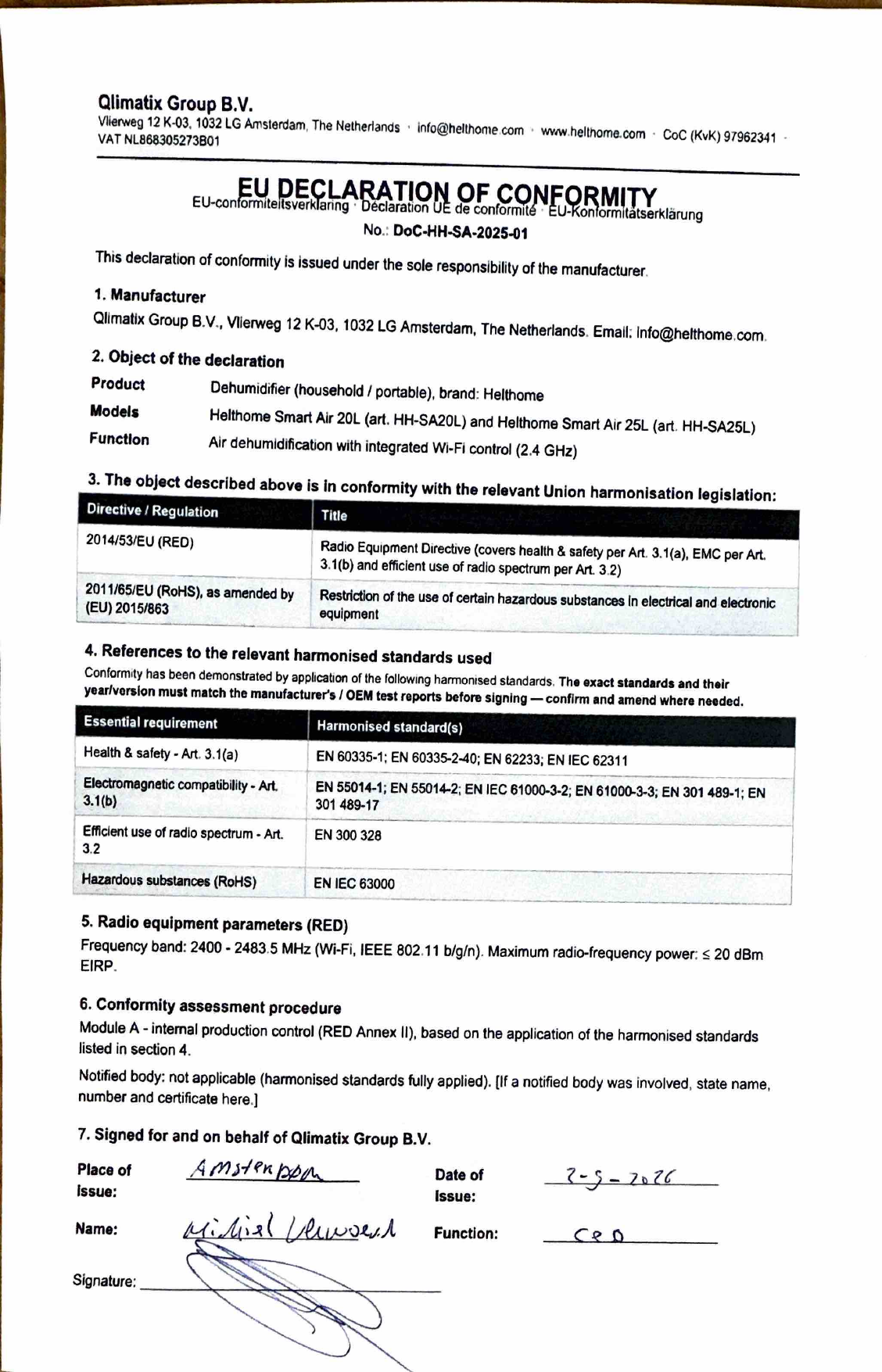 EU Declaration of Conformity – Helthome Smart Air 20L / 25L, page 1